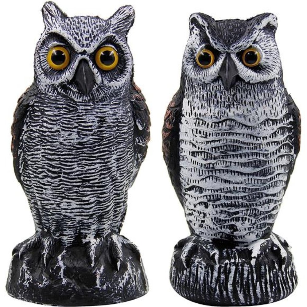 2 Pack Fake Horned Owl Bird Scarecrow Decoy, Plastic Deterrents, Halloween Decor
